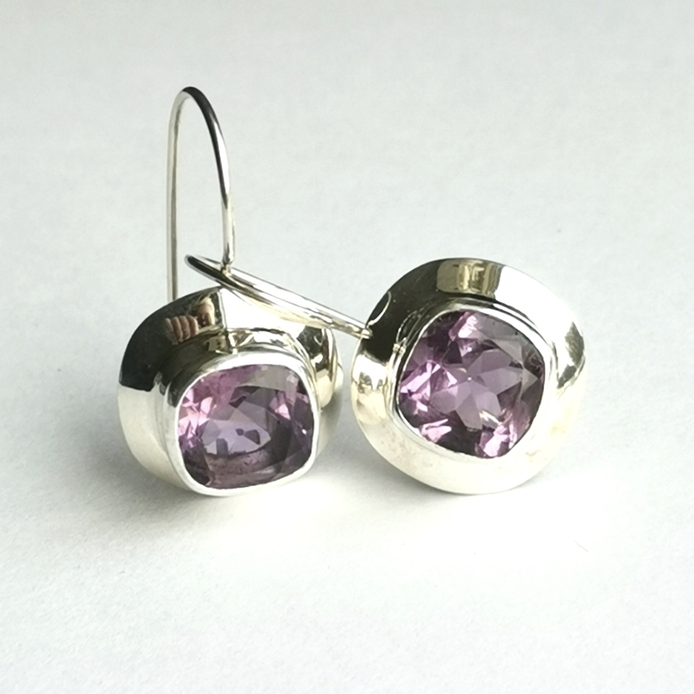Modernist square cut Amethyst sterling silver drop earrings 🆕